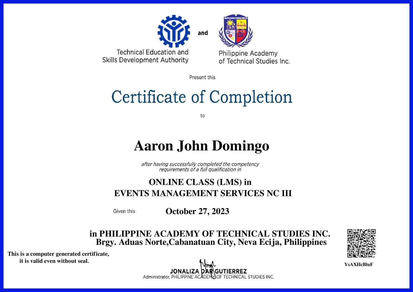 Approved preview of Events Management Services NC III: Online Class (LMS)