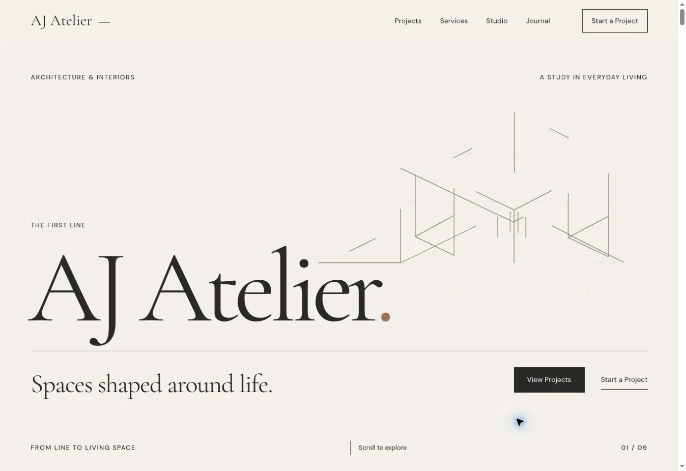 AJ Atelier live homepage showing its distinct visual identity and principal navigation