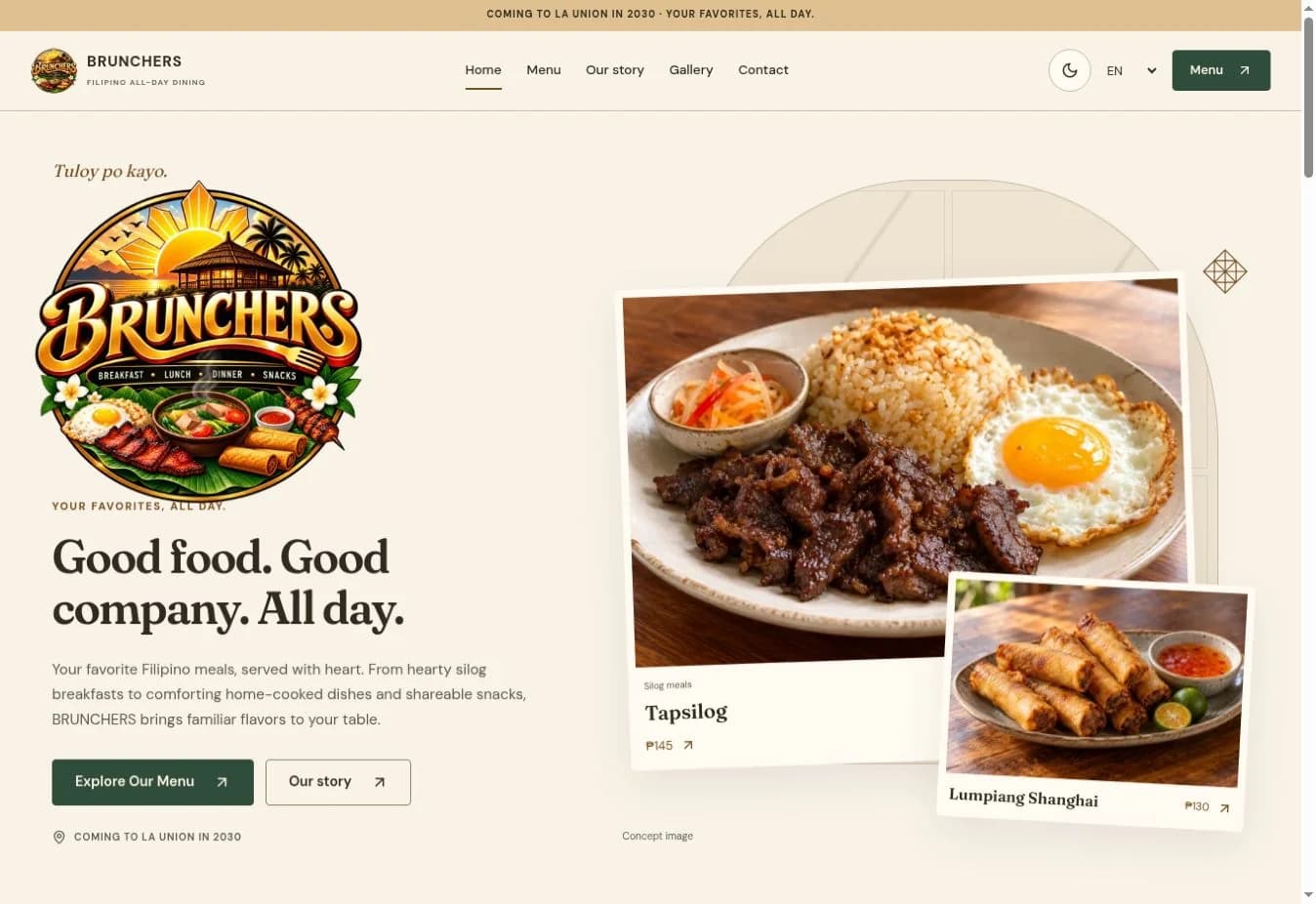 BRUNCHERS Filipino restaurant homepage displayed on desktop