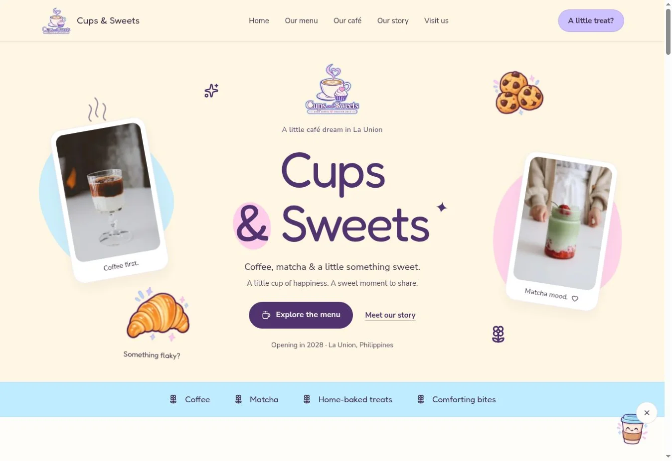 Cups and Sweets café homepage displayed on desktop