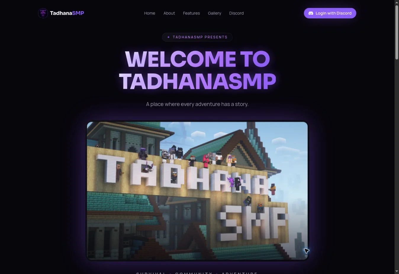 TadhanaSMP community website captured October 8, 2026, before this portfolio update. It does not prove the server revamp has launched.