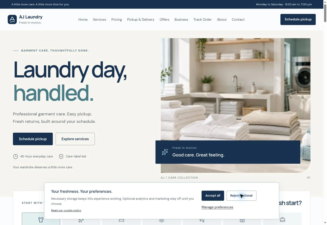 AJ Laundry live homepage showing its distinct visual identity and principal navigation