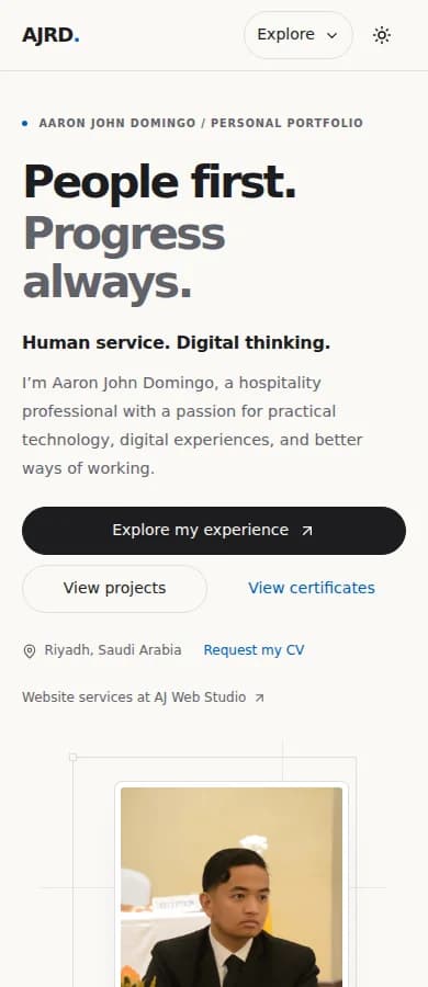 AJRD professional portfolio homepage showing its portrait, hospitality identity, and technology identity on mobile